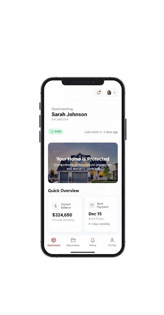 Mobile app dashboard showing Sarah Johnson's home protection status, current balance of $324,650, next payment due Dec 15, and navigation menu with Dashboard, Documents, Alerts, and Profile.
