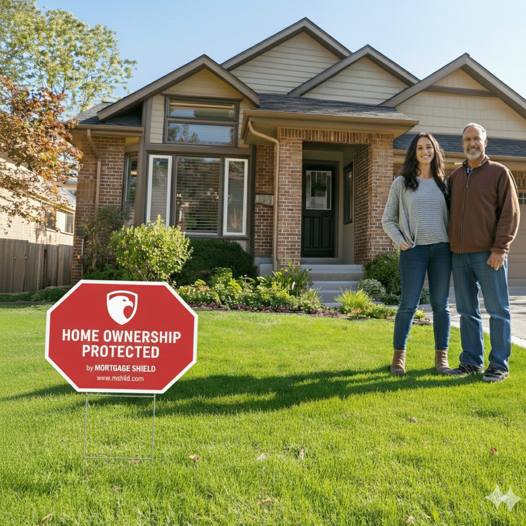 Smiling couple standing on the lawn in front of a brick house with a for sale sign.