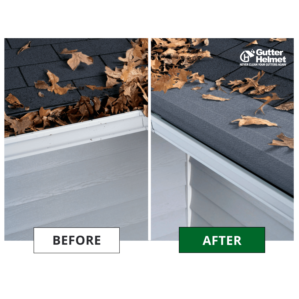 A before and after comparison showing a clogged gutter versus a clean gutter with Gutter Helmet installed.