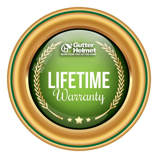 Gutter Helmet lifetime warranty badge with laurel wreath and stars