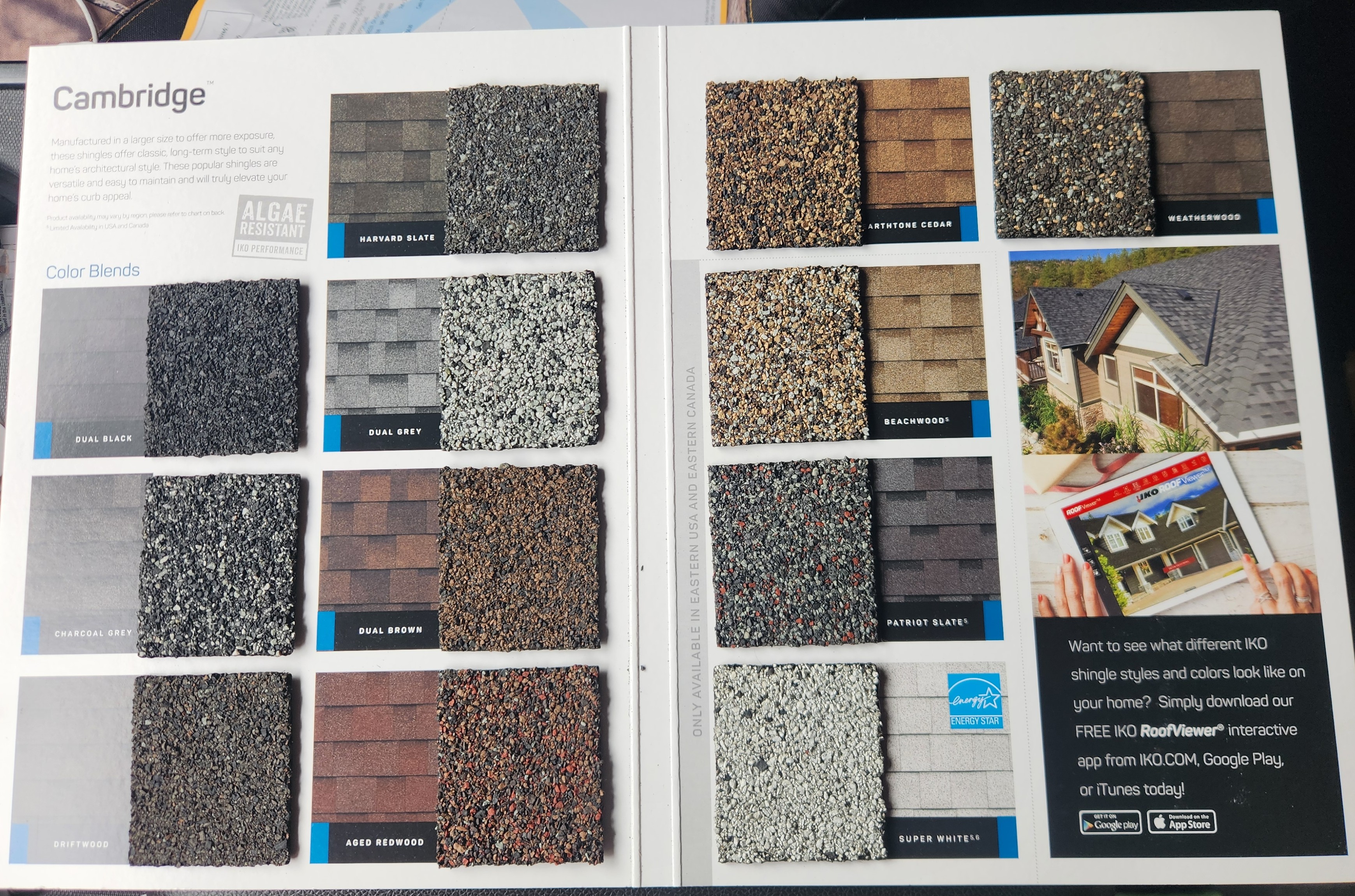 IKO Cambridge architectural shingles color blends: Dual Black, Harvard Slate, Driftwood, Weatherwood