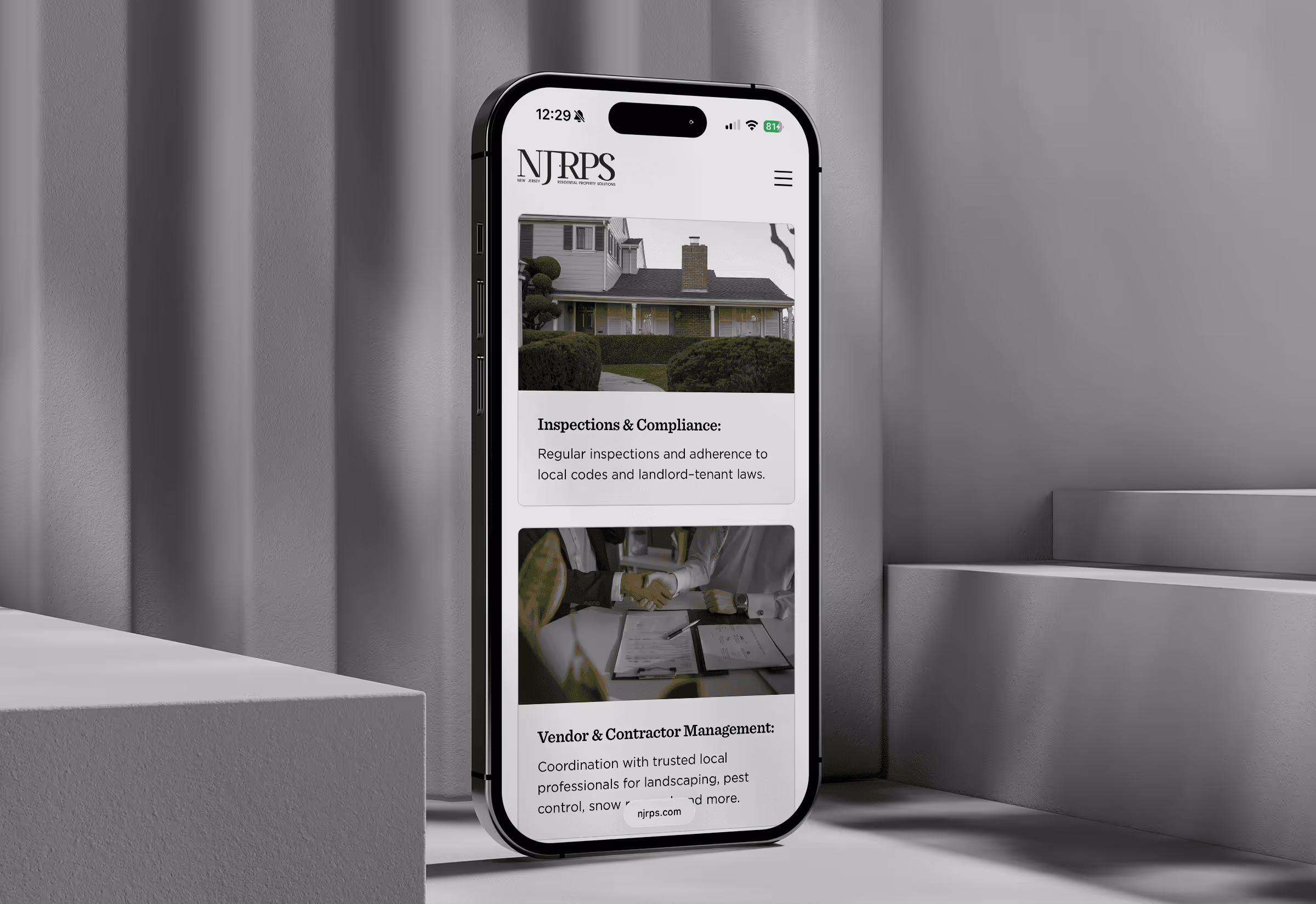 Smartphone displaying NJRPS website with sections on Inspections & Compliance and Vendor & Contractor Management.
