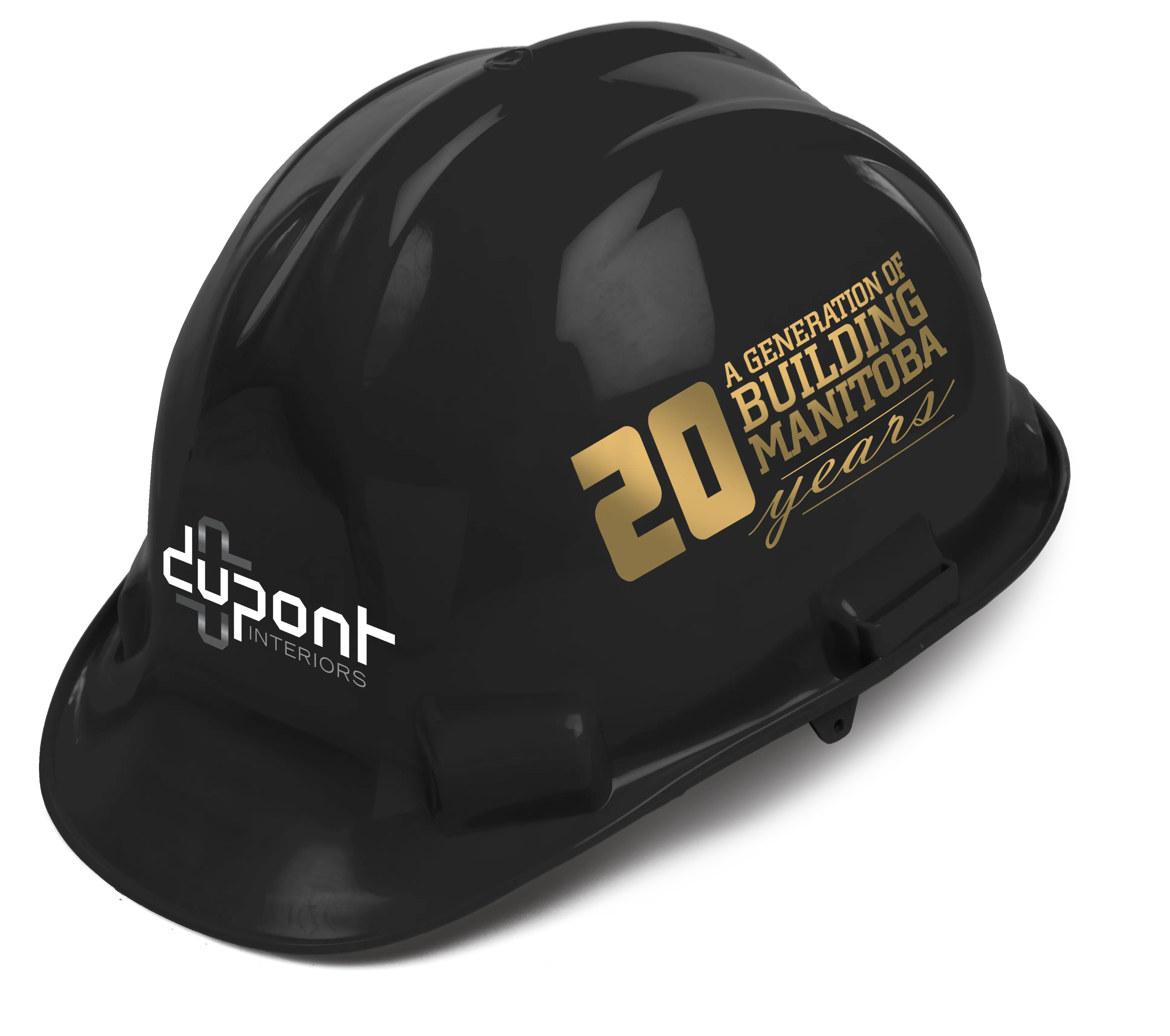Dupont Interiors hard hat marking 20 years of building in Manitoba