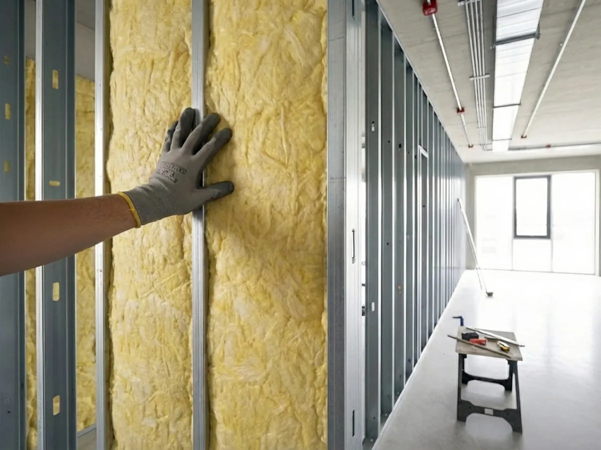Gloved hand fitting yellow batt insulation between steel studs in a commercial corridor