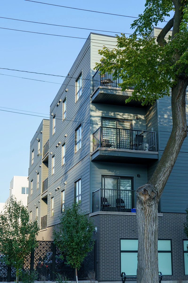 Balconies at 162 Scott Street in Winnipeg framed by a mature street tree