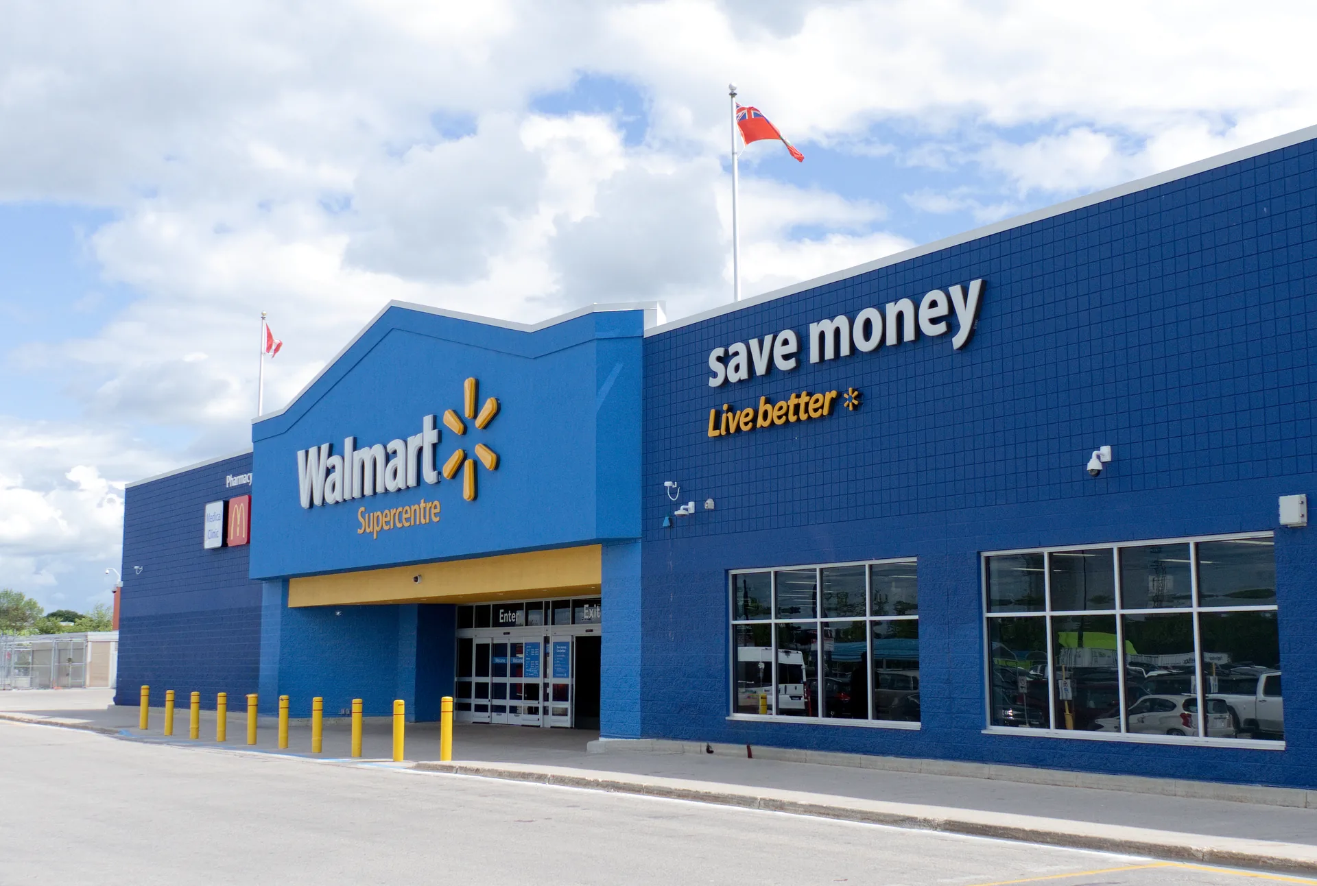 Walmart Supercentre in Winnipeg with the entrance vestibule and Save Money Live Better signage