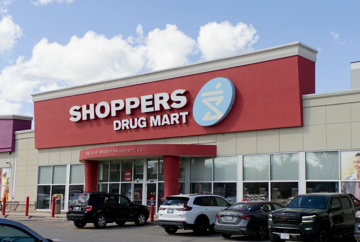 Entrance canopy and signage fascia at the Shoppers Drug Mart in Winnipeg