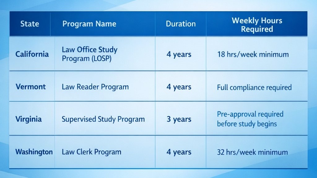 four states permit bar exam eligibility without a law degree through structured legal apprenticeship programs