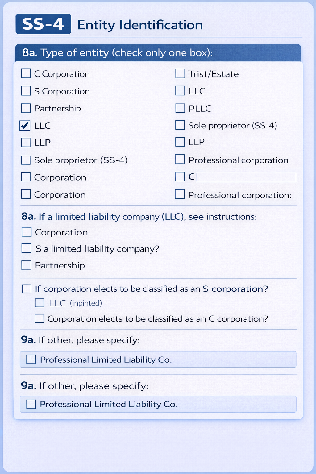 SS-4 Lines 8a-9b: Entity Type Classification
