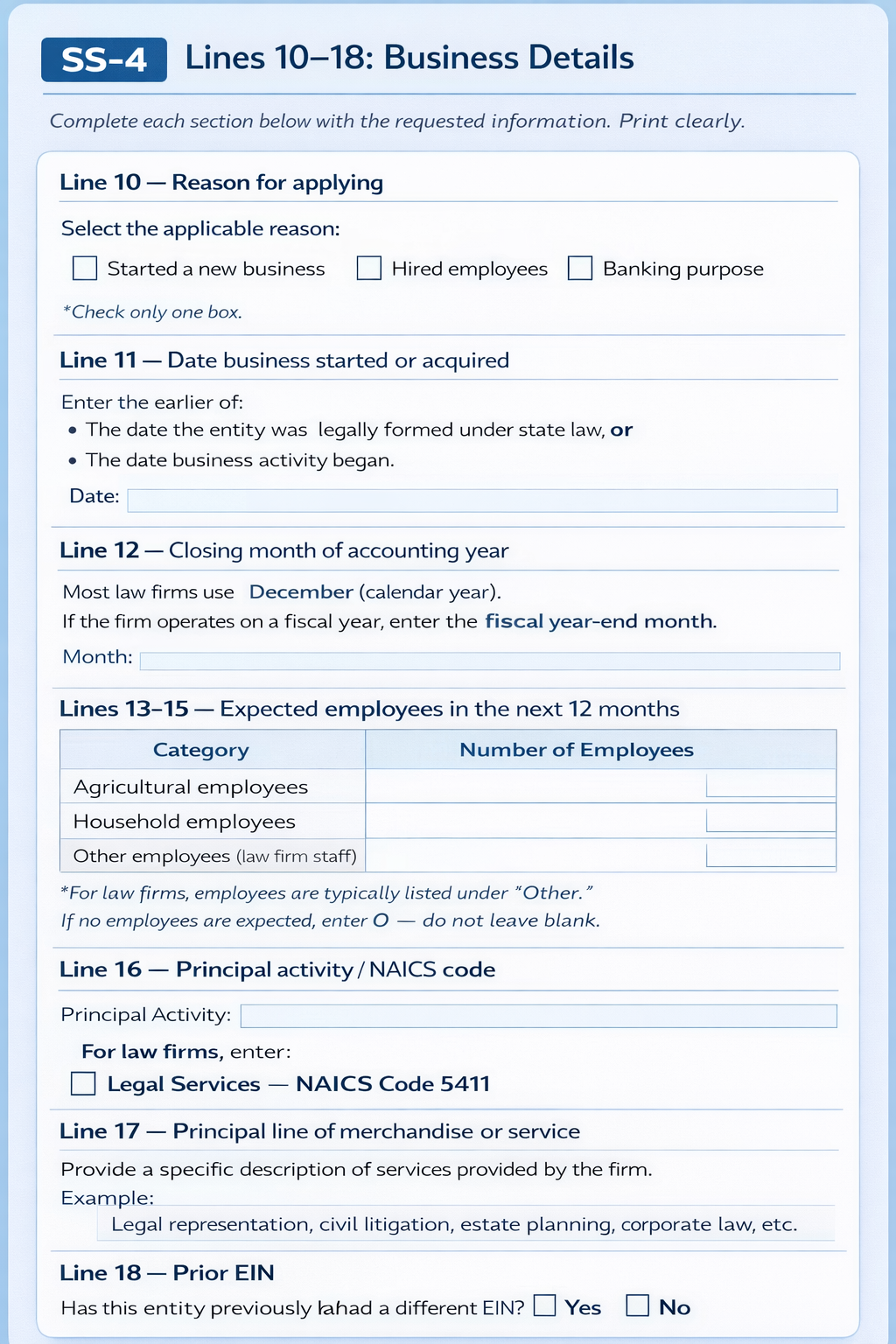 SS-4 Lines 10-18: Business Details