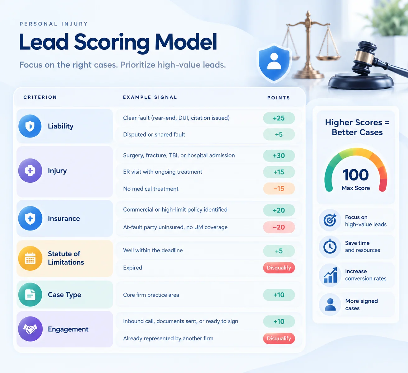 Infographic titled “Personal Injury Lead Scoring Model” showing a scoring framework for evaluating personal injury leads. Criteria include liability, injury severity, insurance, statute of limitations, case type, and engagement, with positive or negative point values and disqualification conditions. A gauge illustrates a maximum score of 100, alongside benefits such as focusing on high-value leads, saving time and resources, increasing conversion rates, and generating more signed cases.