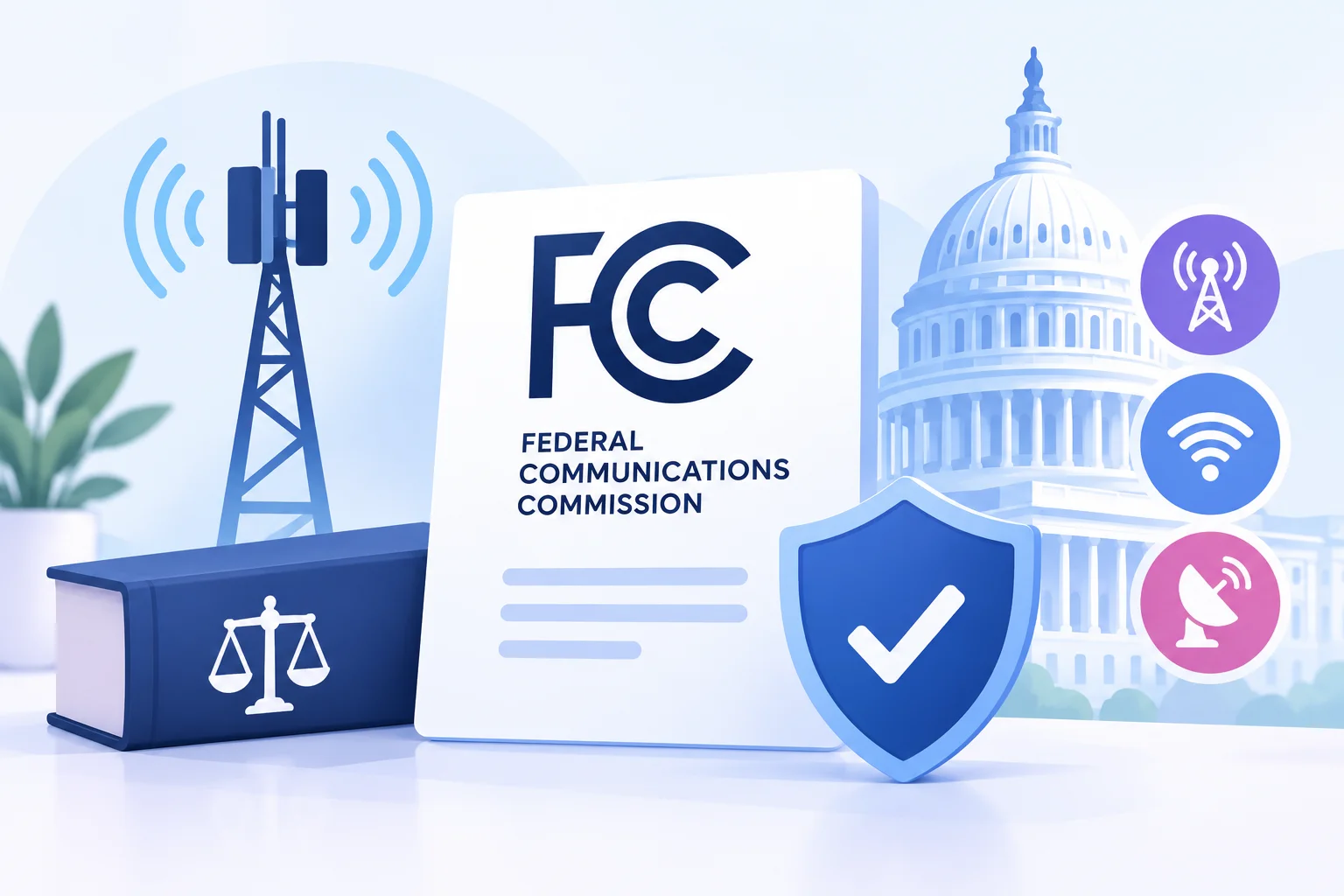 Illustration of Federal Communications Commission (FCC) compliance featuring a telecommunications tower, U.S. Capitol building, legal scales, and a document with a blue shield and checkmark, representing telecommunications regulations and compliance.
