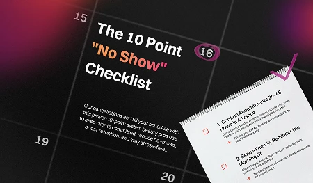 Cover page of a checklist titled 'The 10 Point No Show Checklist' with introductory text about preventing no-shows and an angled partial view of a checklist page.