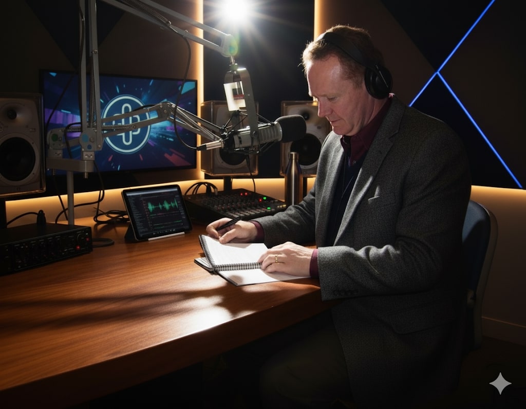 John Costigan working in professional radio studio with microphone and headphones