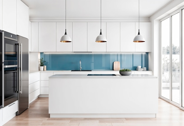 modern white kitchen with blue backsplash and island