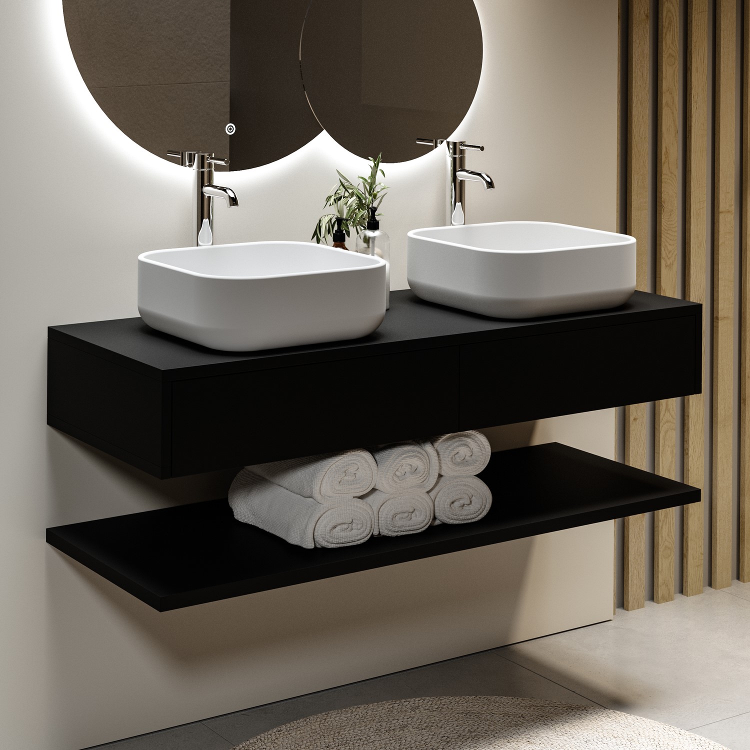 1200mm Black Wall Hung Double Countertop Vanity Unit with Basins and Shelf - Lugo - Better Bathrooms