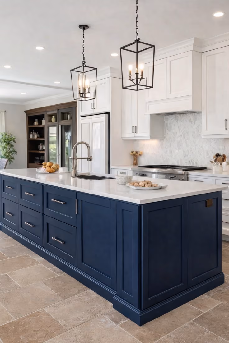This may contain: a large kitchen with an island in the middle of it and two lights hanging from the ceiling