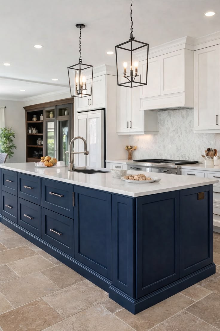 This may contain: a large kitchen with an island in the middle of it and two lights hanging from the ceiling