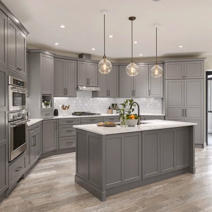 This may contain: a large kitchen with gray cabinets and marble counter tops