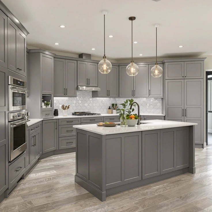 This may contain: a large kitchen with gray cabinets and marble counter tops