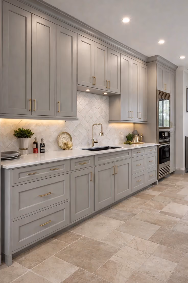 This may contain: a large kitchen with gray cabinets and white counter tops, gold trimmings on the backsplash