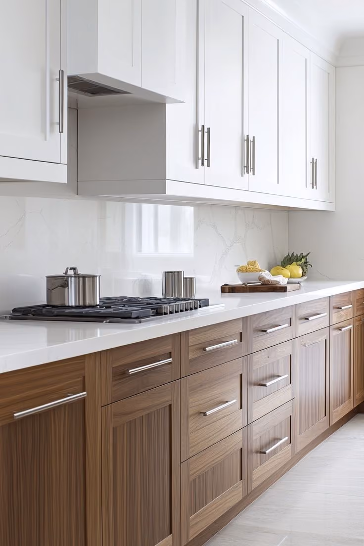 This may contain: a kitchen with wooden cabinets and white counter tops