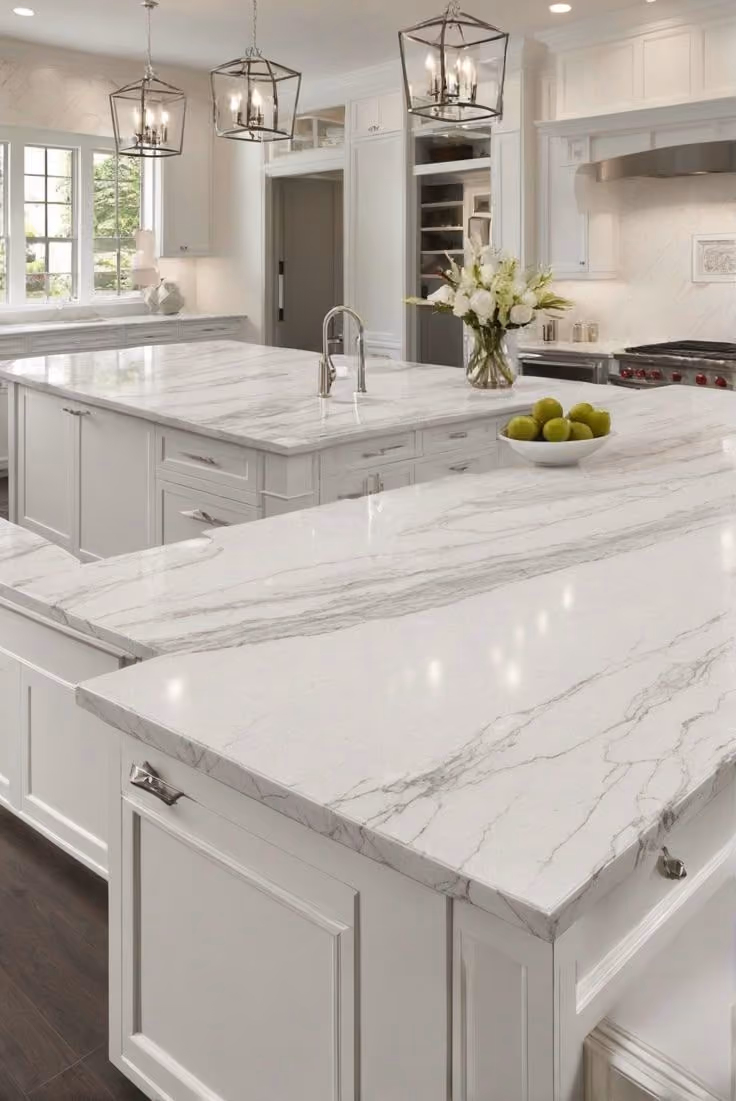 This may contain: a large kitchen with marble counter tops and white cabinets, along with an island in the middle