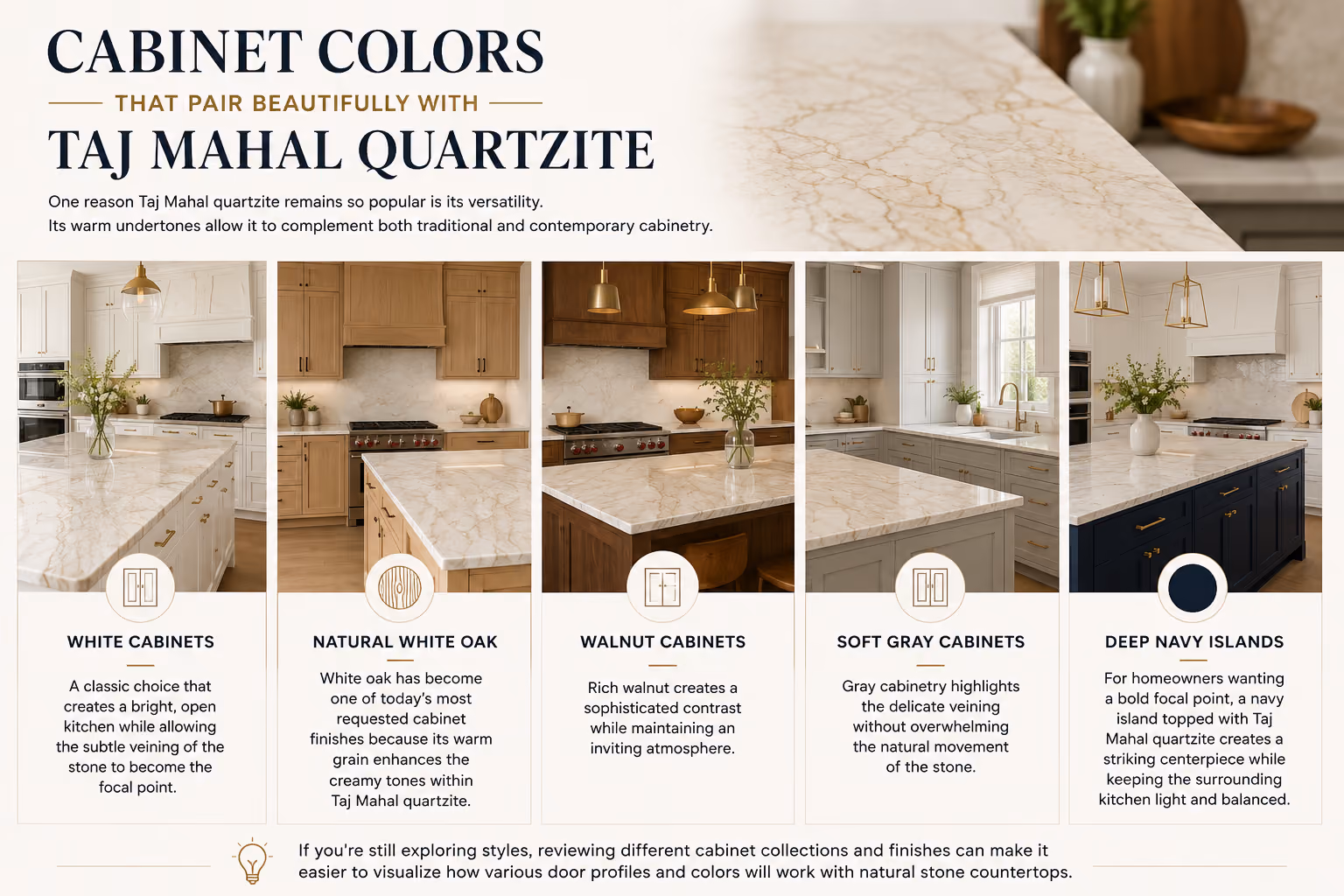 Cabinet Colors That Pair Beautifully with Taj Mahal Quartzite