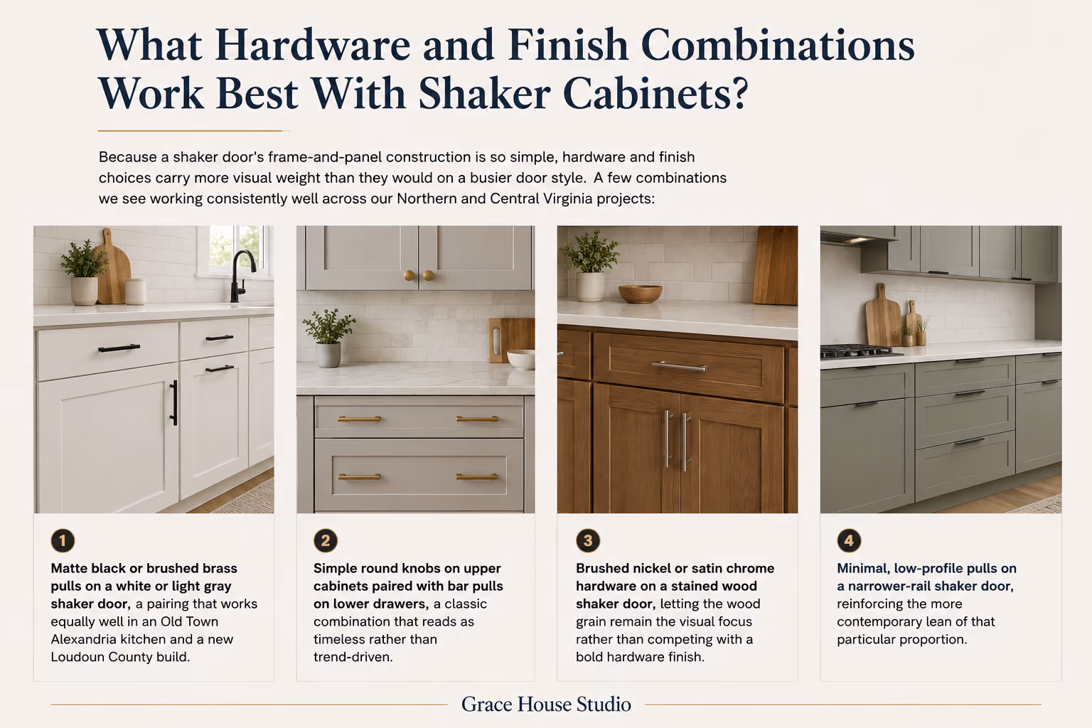 Popular hardware combinations for Shaker cabinet doors.