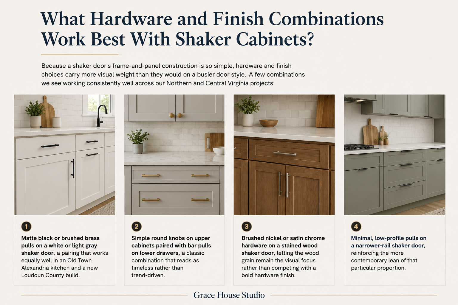 Popular hardware combinations for Shaker cabinet doors.