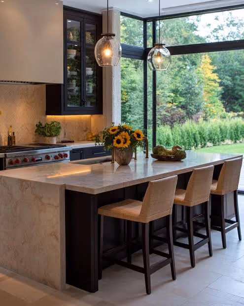 A large kitchen island can be the centerpiece of a spacious kitchen, offering extensive countertop space and storage. This design is perfect for families or those who love to entertain. Incorporate multiple