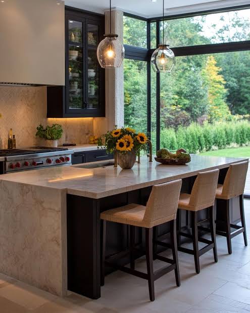 A large kitchen island can be the centerpiece of a spacious kitchen, offering extensive countertop space and storage. This design is perfect for families or those who love to entertain. Incorporate multiple