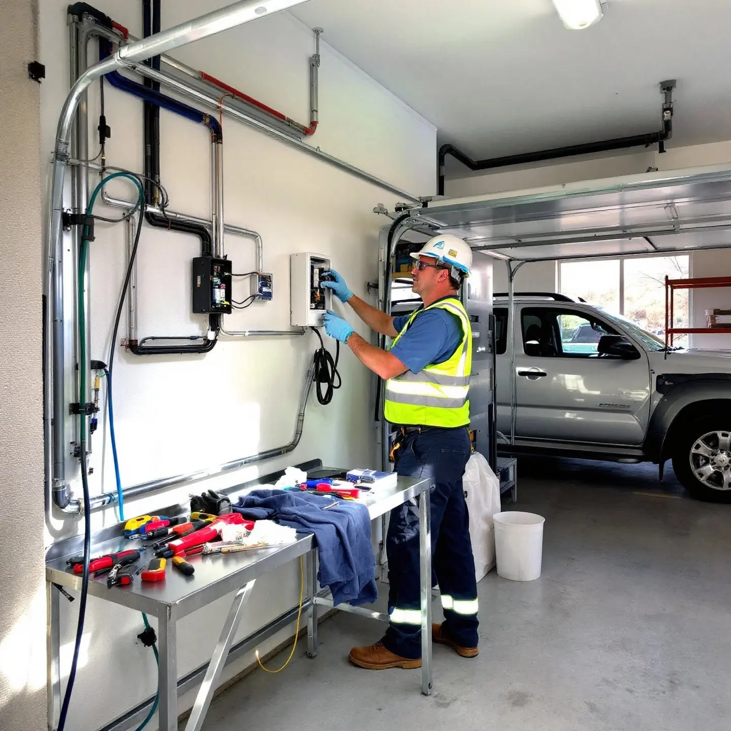 electrician installing and wiring an ev charger wallbox in a garage