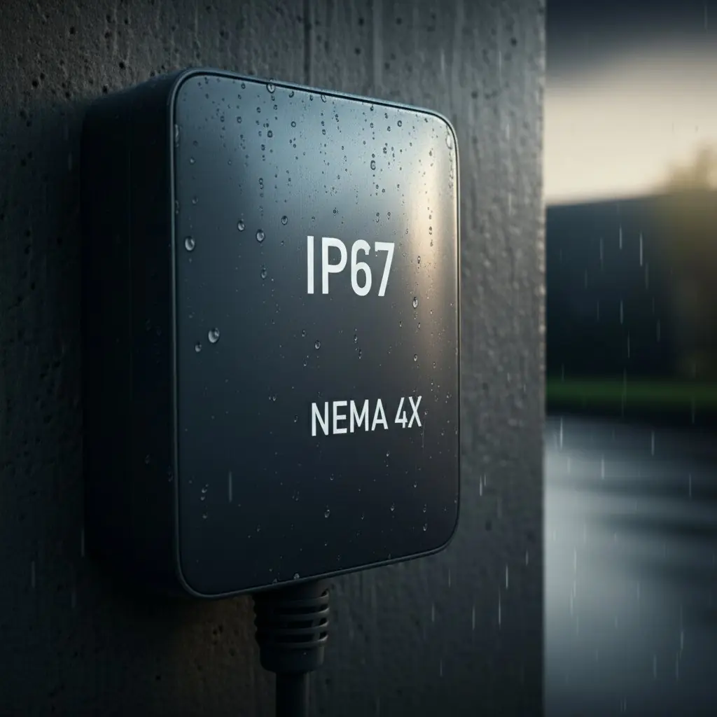 outdoor ev charger with visible weatherproof rating labels