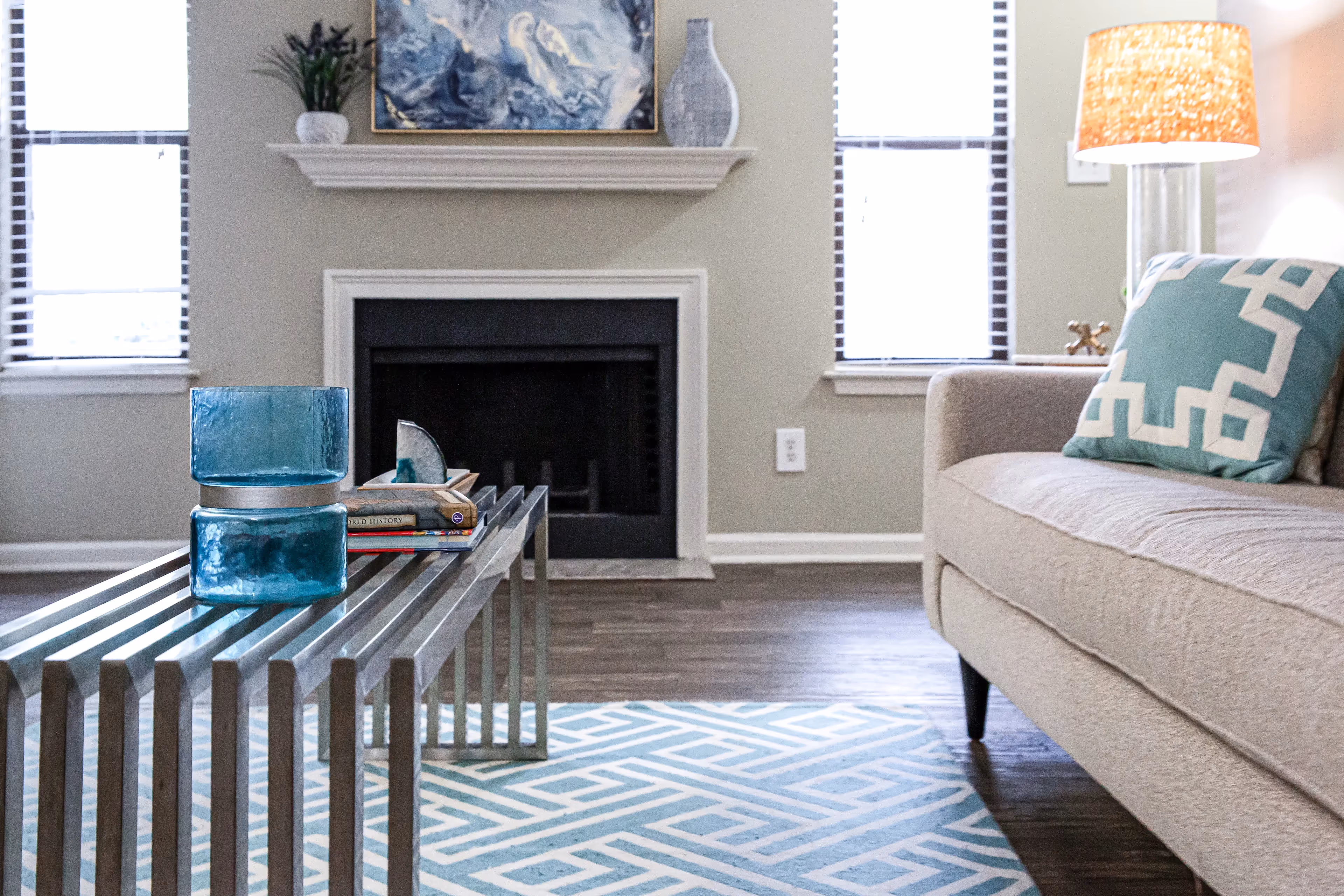 living area with sofa and fireplace 