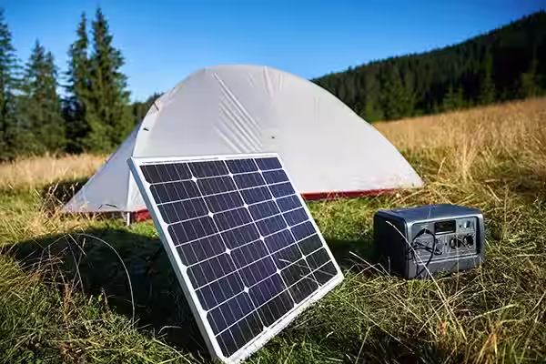 Solar panel and portable power station set up next to a camping tent in a grassy field with trees and hills in the background.