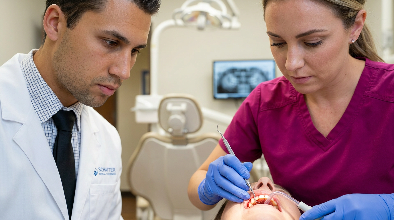A hygienist, a woman in her 30s wearing magenta SCRUBS, is performing a periodontal deep cleaning on a patient (out of fra…