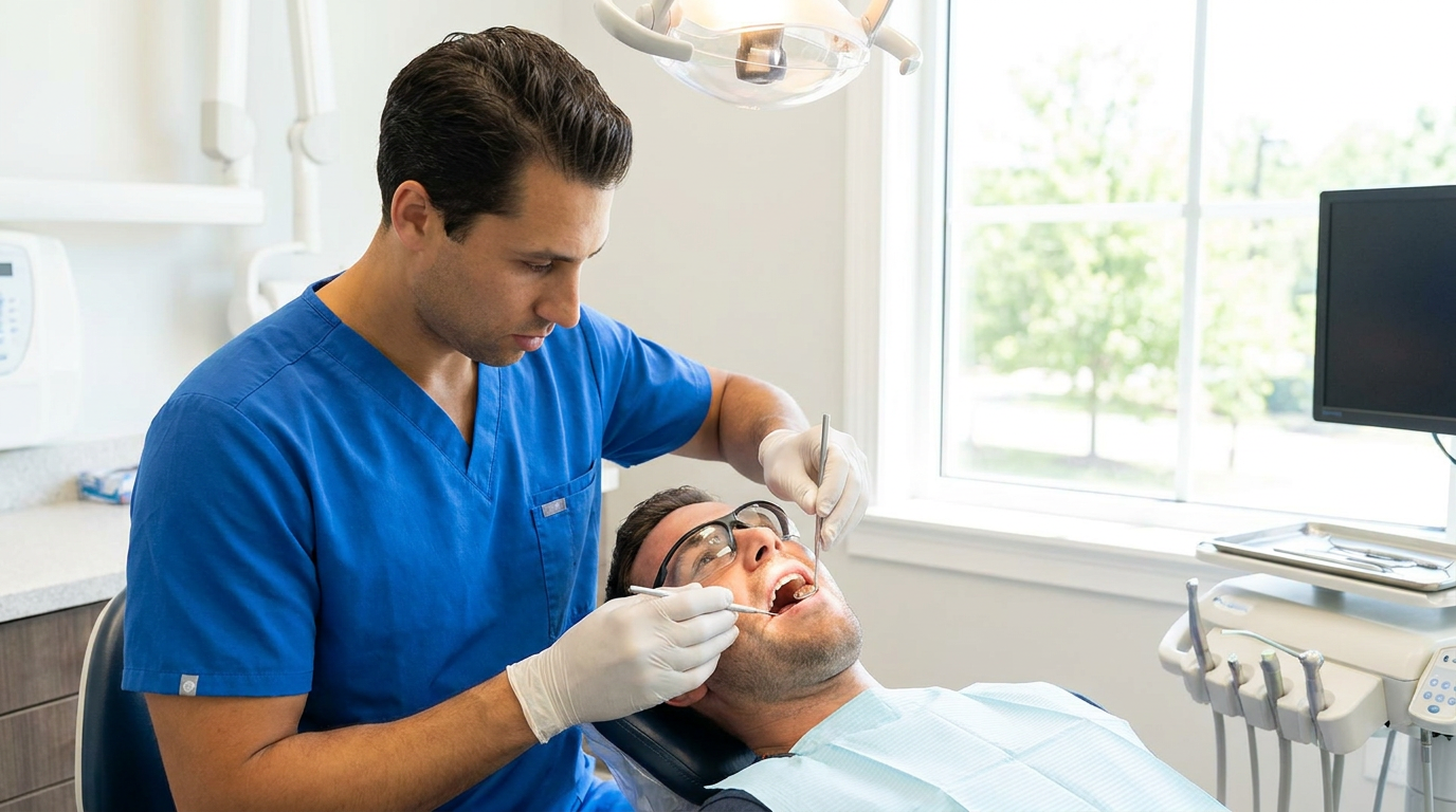 Dr. Daniel Middleton, a man in his 40s in a professional blue dental SCRUBS top, is examining Carter, a man in his 30s lyi…