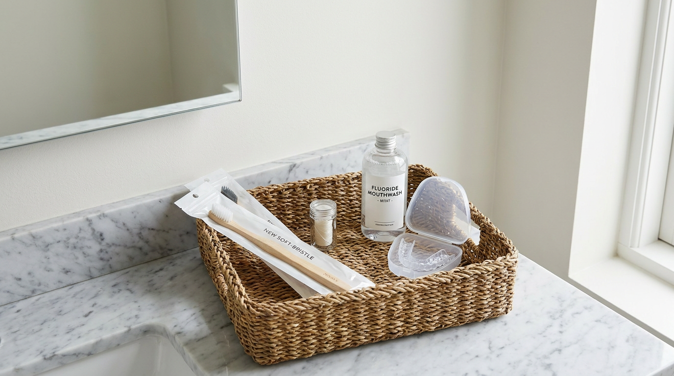 An overhead shot of a neatly organized basket on a bathroom counter, containing various post-exam oral care items: a new s…
