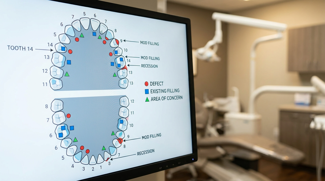 A close-up, slightly elevated view of a dental charting screen on a monitor, displaying a detailed digital diagram of a mo…