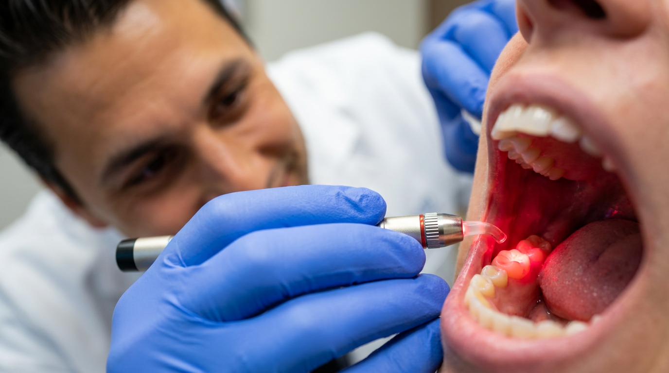 A macro shot focuses on a small, pen-like laser cavity detection device positioned gently against the surface of a molar.