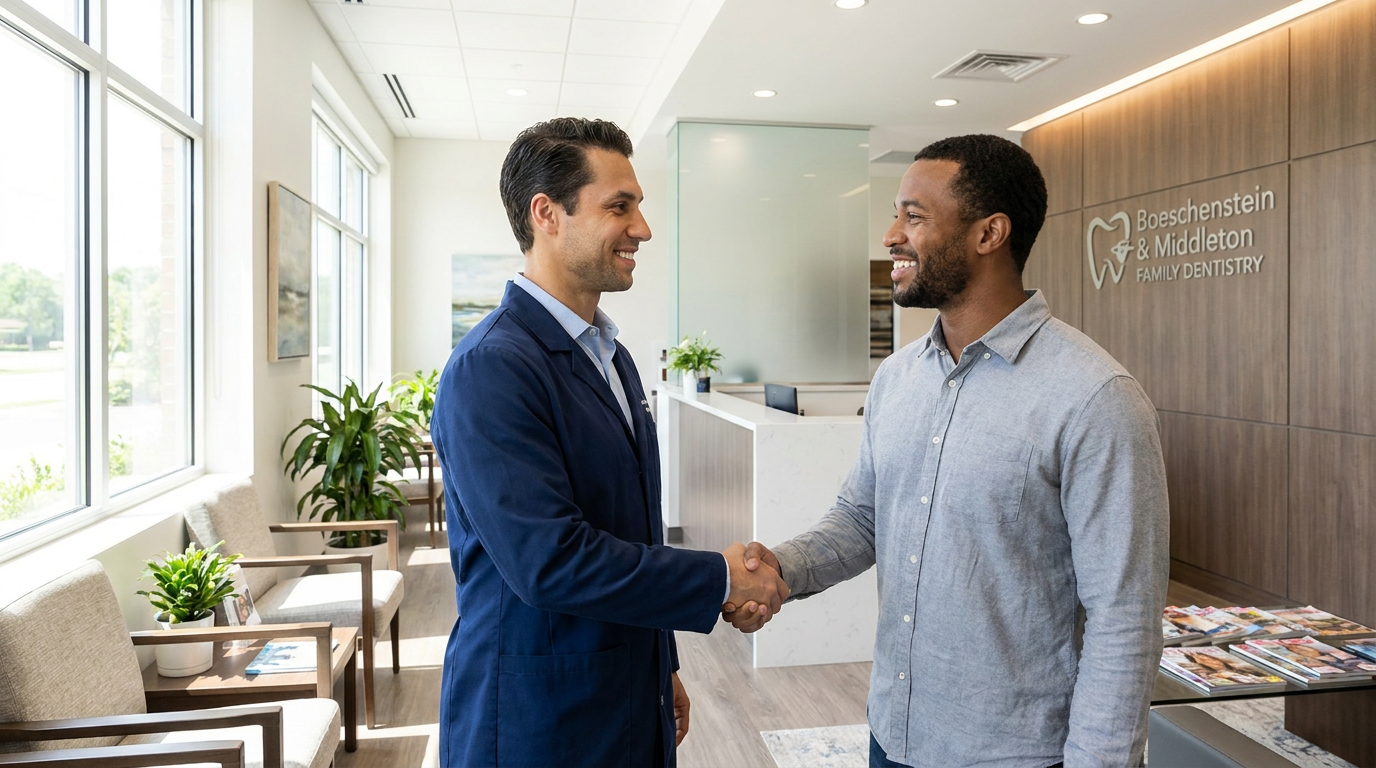 Dr. Daniel Middleton, a man in his 40s wearing a dark blue lab coat over a light blue collared shirt, is shaking hands wit…