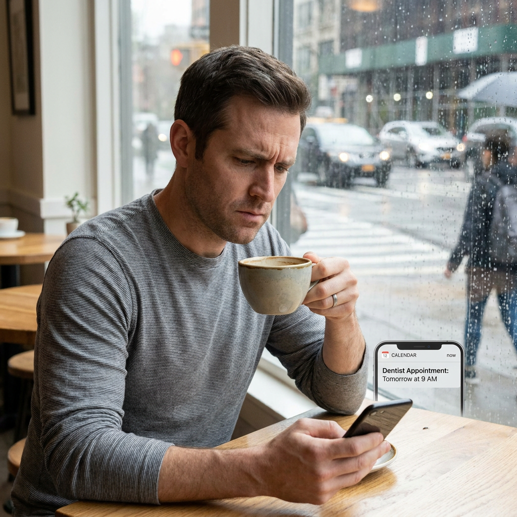 Carter checks a dental appointment reminder on his phone while sitting at a cafe window seat.