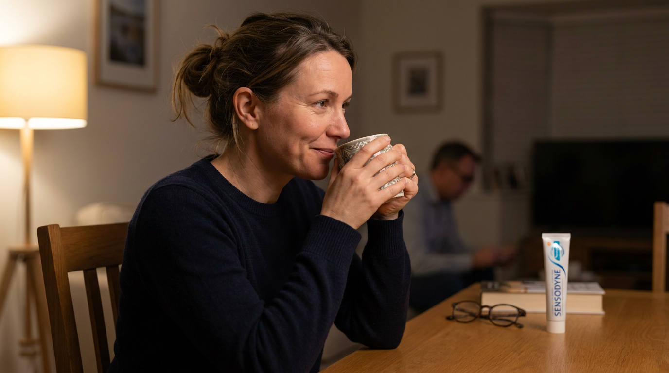 Ava, sits at a dining table at night, gently sipping warm tea from a ceramic mug, with a subtle look of comfort and unders…