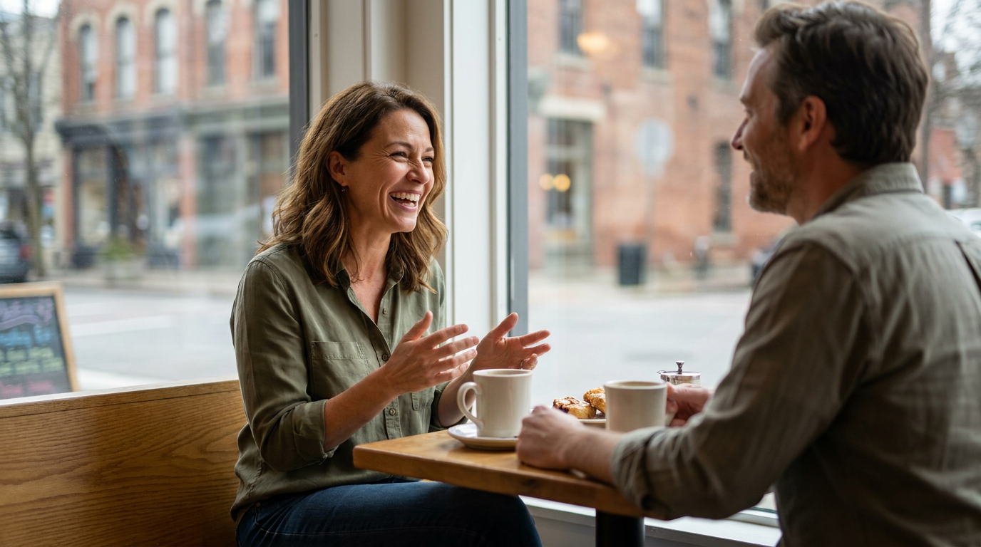 Ava, confidently converses and laughs with a friend at a cafe window seat, her radiant smile clearly visible.