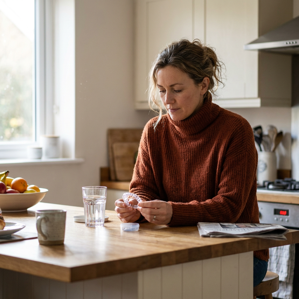 Ava holds an aligner tray next to a glass of water on her kitchen island in the morning light.