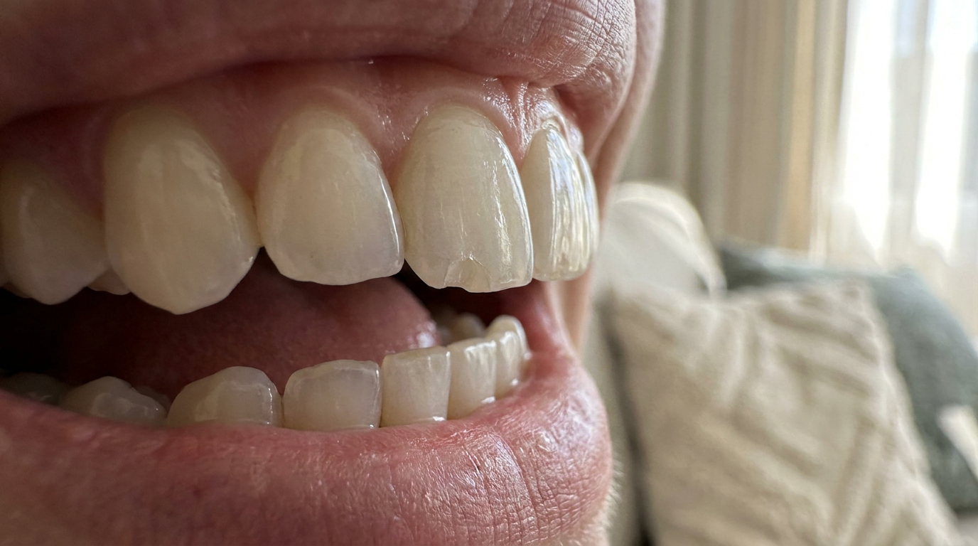 A close-up of a small, discreet chip on the edge of a porcelain veneer on a front tooth, with soft, natural light highligh…