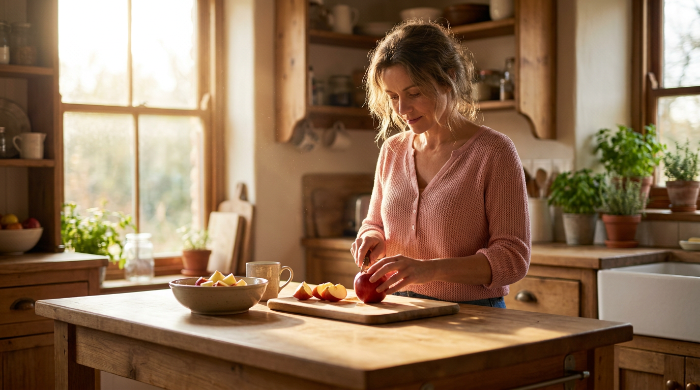 Ava, is at her kitchen island, gently cutting a crisp red apple into small, manageable pieces with a paring knife.