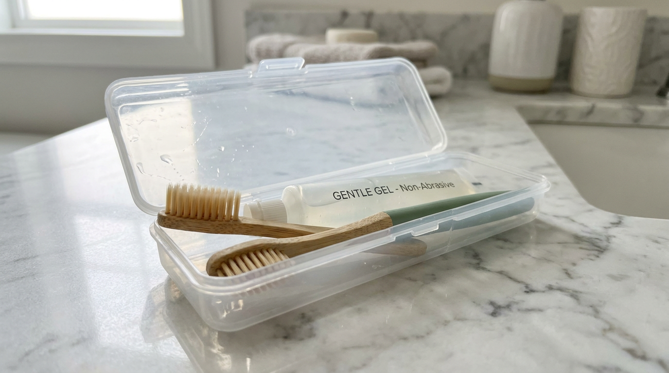 A close-up shot of an open, clear plastic container holding a soft-bristled toothbrush and a tube of non-abrasive, gel-bas…