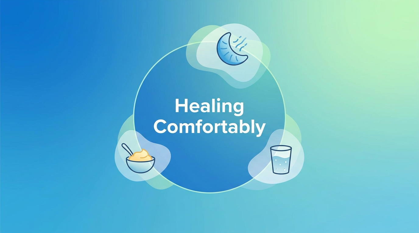 Callout graphic reading "Healing Comfortably" surrounded by simple icons of a soft food bowl, an ice pack, and a glass of water for aftercare.